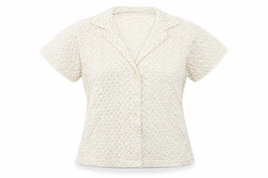 Front view of Nouveau Edition women’s beige basic button-up, size M