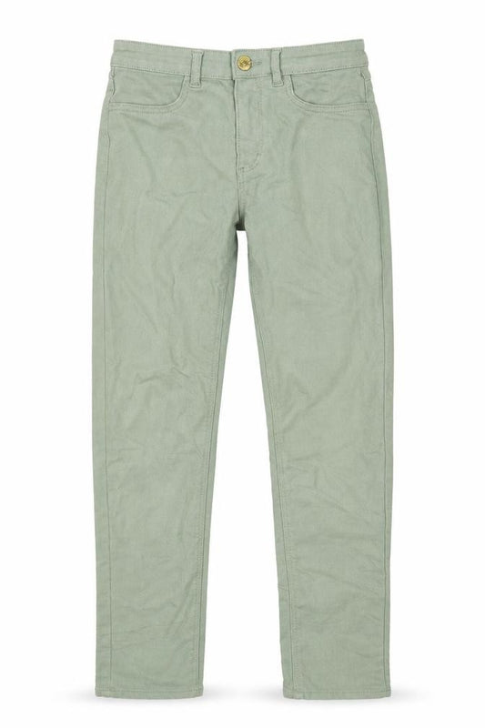 Front view of H&M girls’ green denim straight jeans, size 11, years