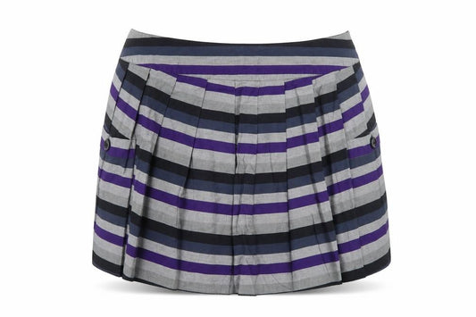 Front view of XX women’s grey striped pleated skirt, size UK 10