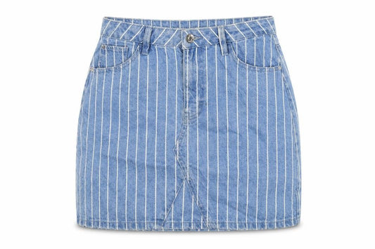 Front view of denim co women’s blue striped denim straight & pencil skirt, size UK 10