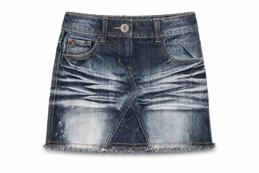 Front view of Next girls’ blue denim a-line skirt, size 7, years