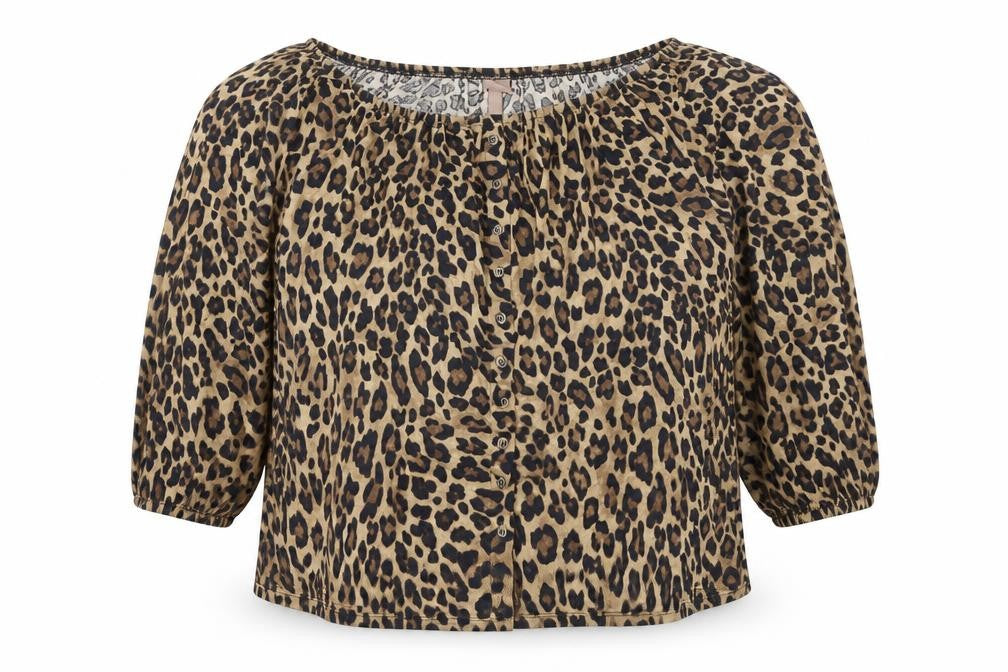 Front view of H&M women’s brown animal print basic blouse, size 2XL