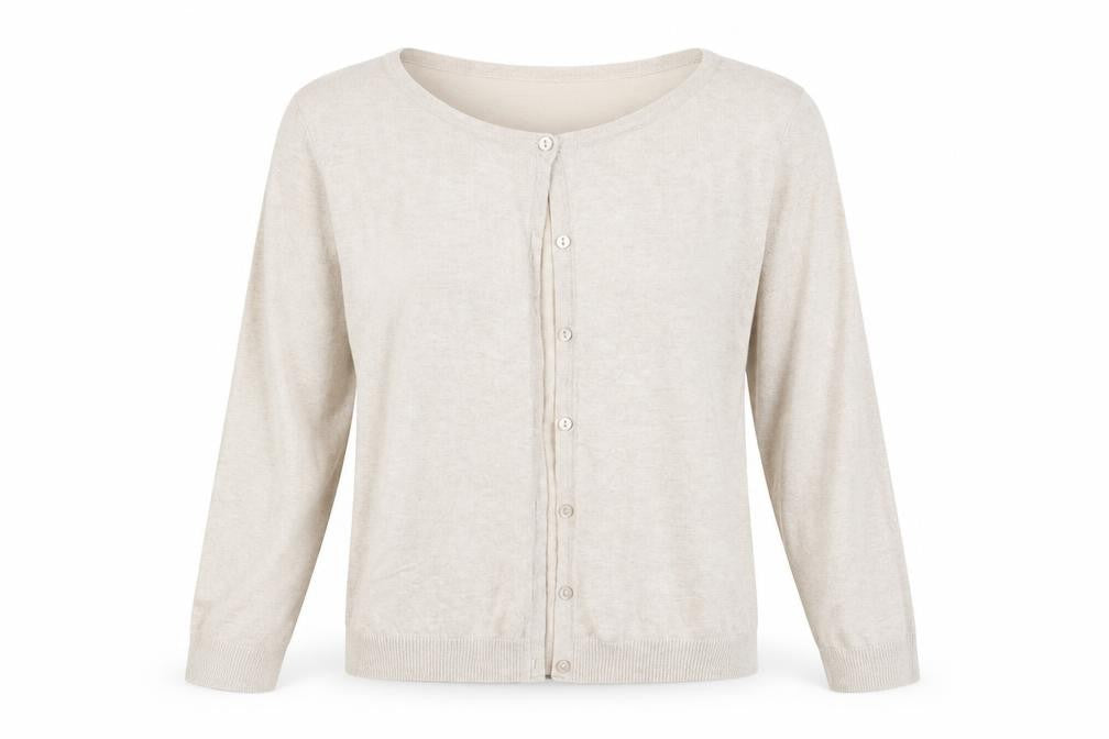 Front view of H&M women’s beige knit cardigan jumper, size M