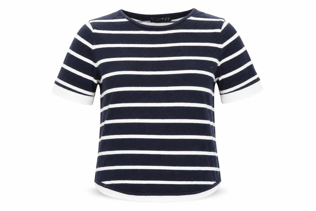 Front view of Atmosphere women’s blue striped jumper, size UK 10