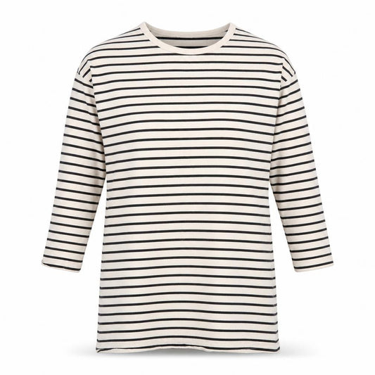 Front view of H&M women’s beige striped t-shirt dress, size M, - sweater dress