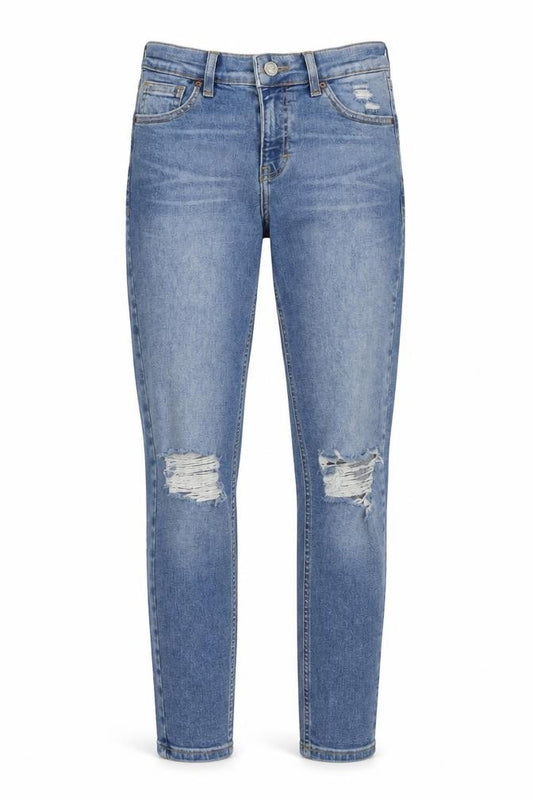 Front view of Topshop women’s blue denim skinny jeans, size UK 26, in, 28-inch leg
