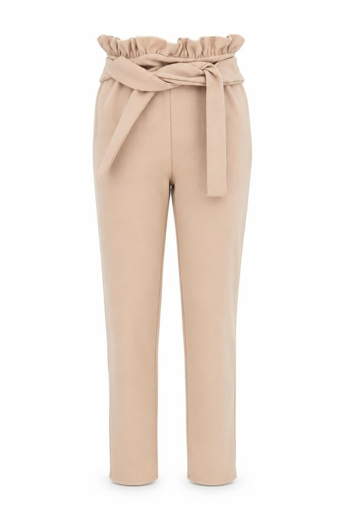 Front view of PRETTYLITTLETHING women’s beige trousers, size UK 8, 25-inch leg