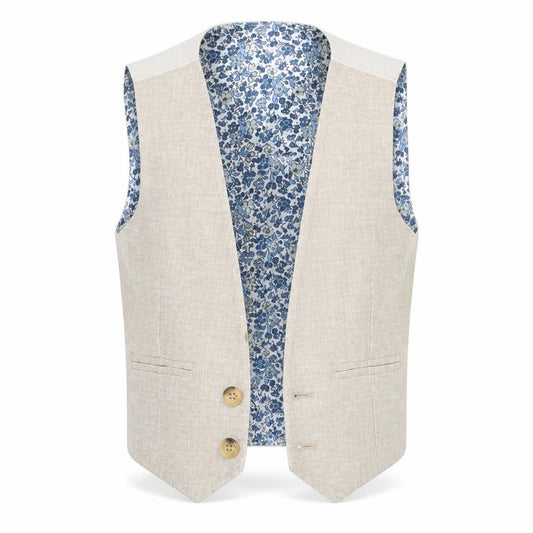Front view of hemloom boys’ beige jacket waistcoat, size 3, years