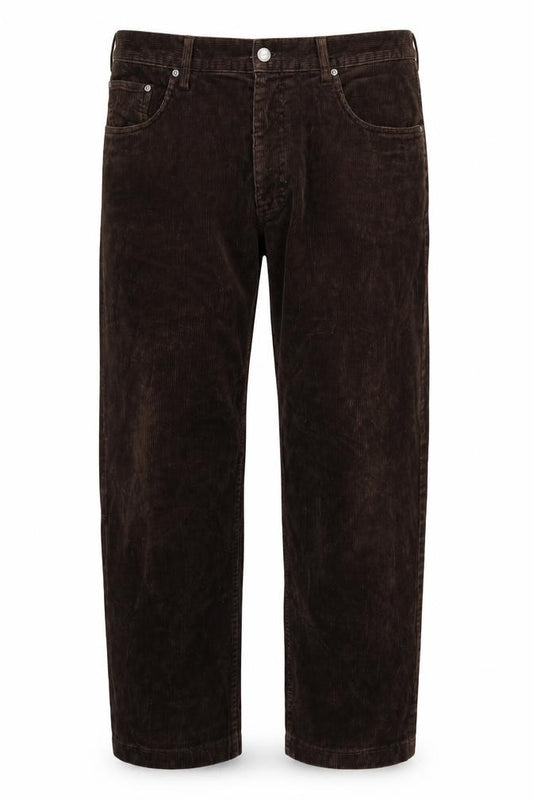 Front view of Preworn men’s brown trousers, size 35, in, 27-inch leg