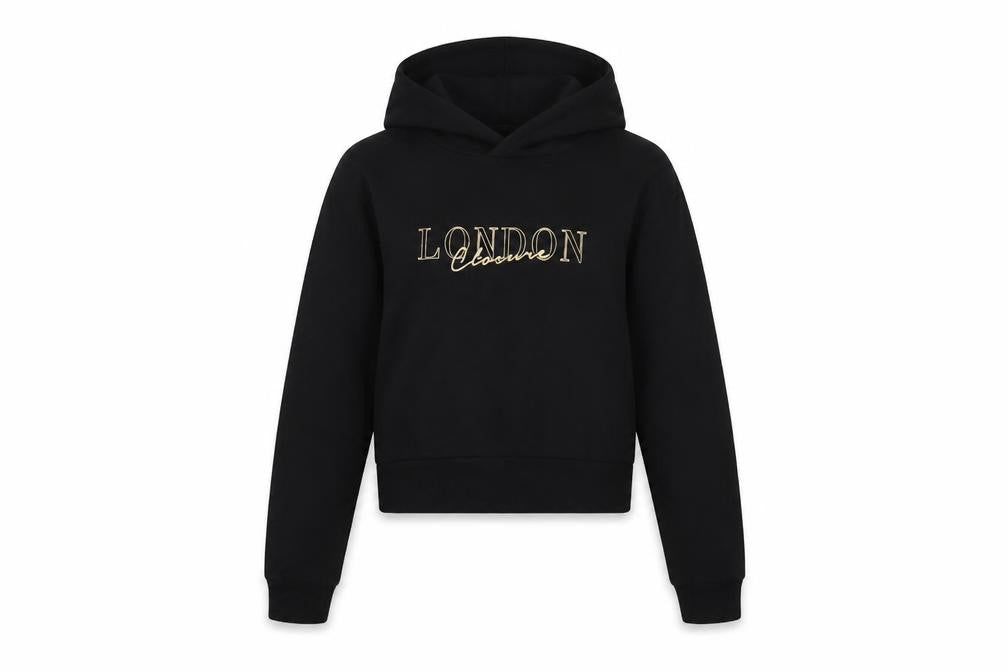 Front view of Closure London girls’ black pullover hoodie, size 13-14, years