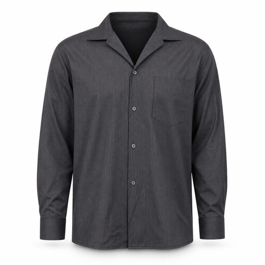 Front view of Preworn men’s black striped button-up, size L