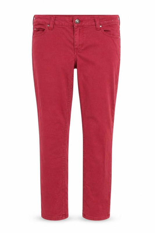 Front view of Dorothy Perkins women’s red denim skinny jeans, size UK 8, 31-inch leg