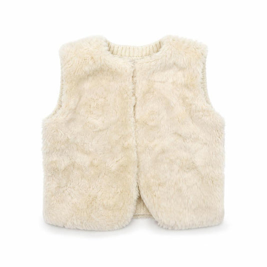 Front view of H&M girls’ ivory jacket waistcoat, size 3-4, years - fur front