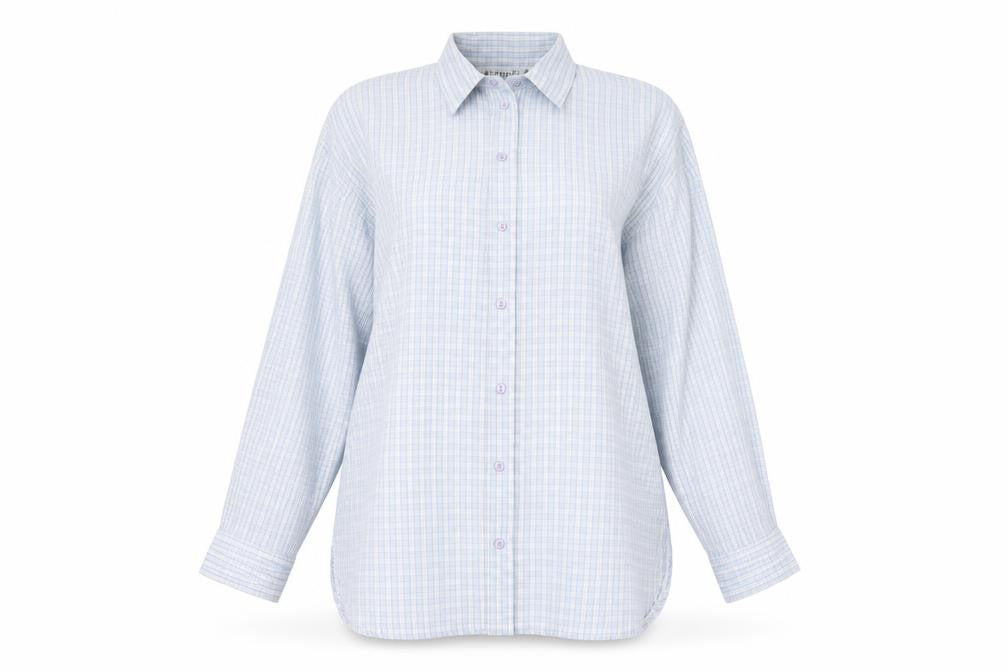 Front view of Jumpers women’s blue check tunic button-up, size M