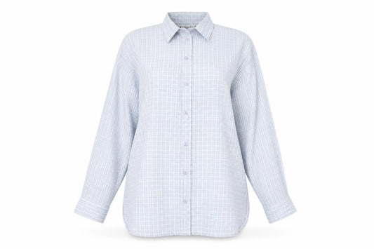 Front view of Jumpers women’s blue check tunic button-up, size M