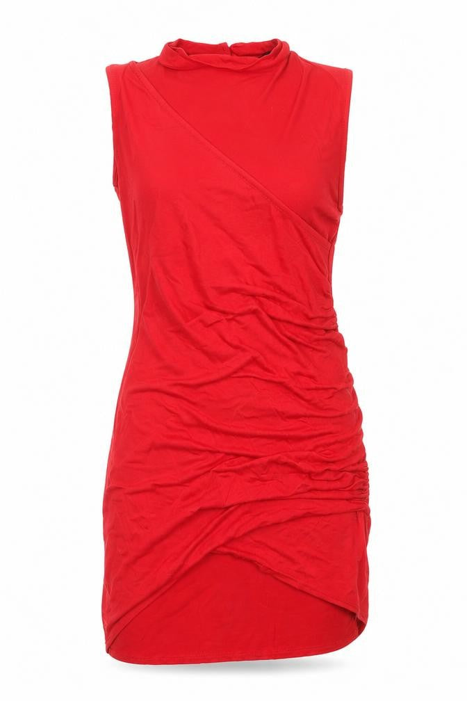 Front view of PRETTYLITTLETHING women’s red jersey bodycon, size UK 4, - cut out neckline