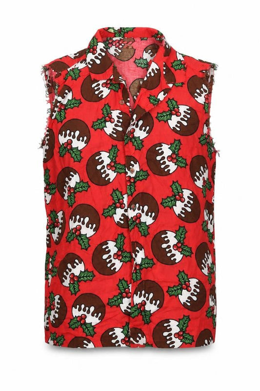 Front view of Urban Threads men’s red geometric button-up, size M, - pudding