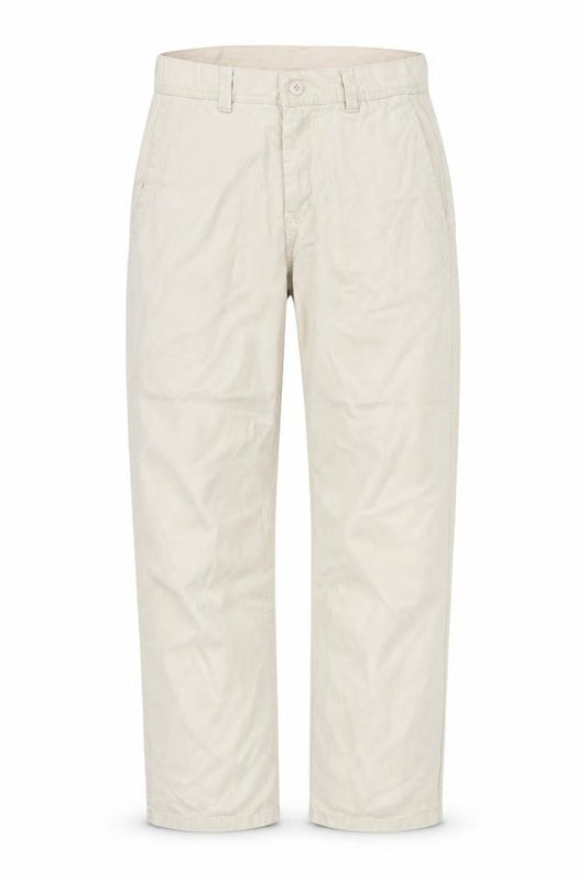 Front view of pre worn men’s beige trousers, size L, 30-inch leg