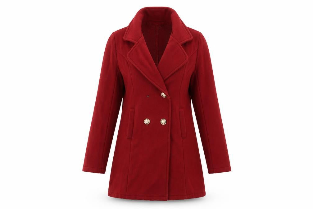 Front view of SHEIN women’s red overcoat coat, size S