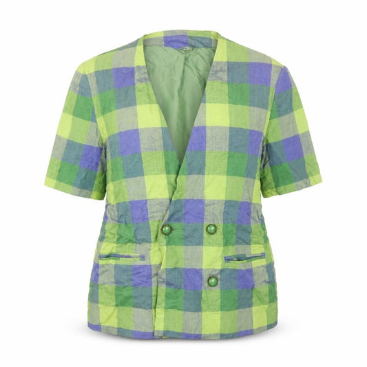 Front view of Preworn women’s green check jacket blazer, size UK 16