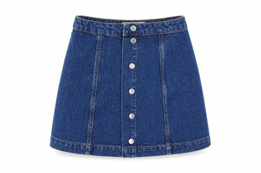 Front view of Topshop women’s blue denim a-line skirt, size UK 28, in