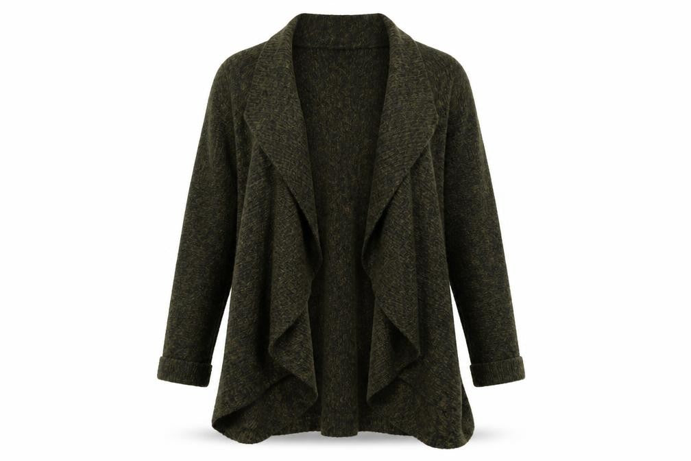 Front view of Atmosphere women’s green knit cardigan jumper, size UK 8