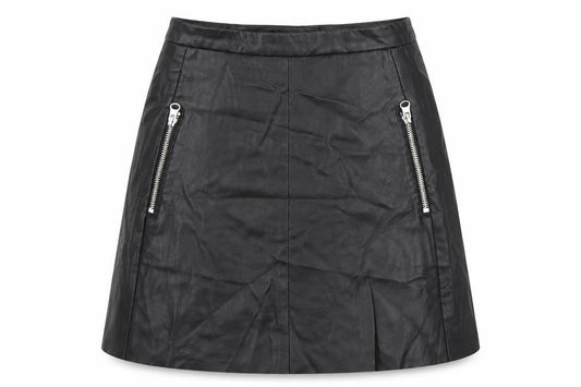 Front view of H&M women’s black pleated skirt, size UK 6, - faux leather