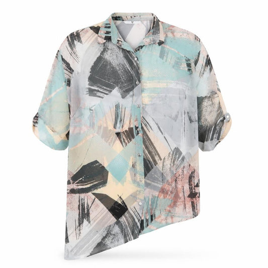 Front view of V by Very women’s blue geometric basic button-up, size UK 8, - see through
