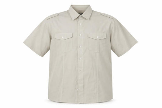 Front view of Easy men’s beige button-up, size L