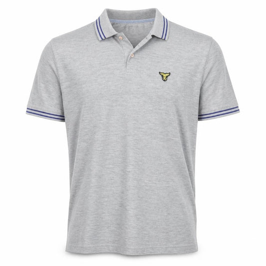 Front view of Le Breve men’s grey polo, size M