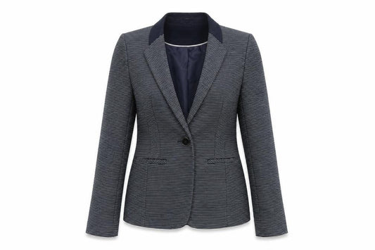 Front view of Tu women’s blue striped jacket, size UK 10
