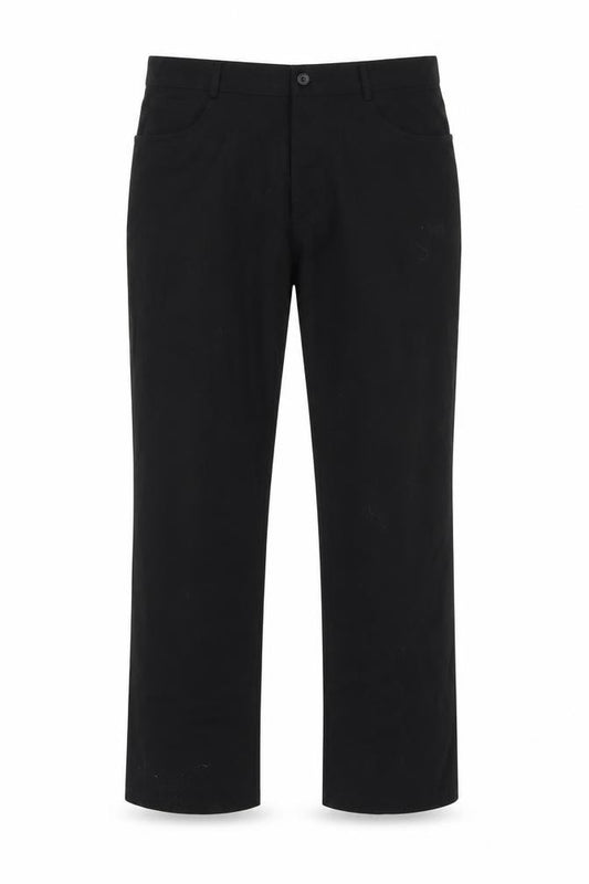 Front view of detail men’s black trousers, size 35, in, 27-inch leg