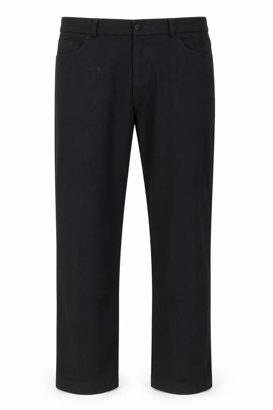 Front view of Preworn men’s black trousers, size 36, in, 32-inch leg