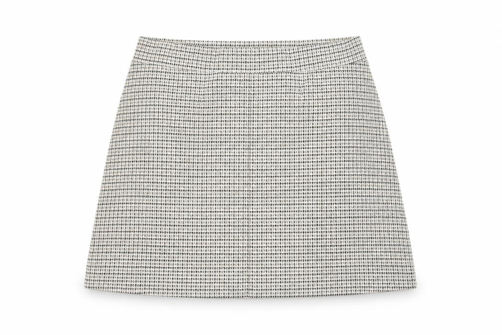 Front view of Next women’s beige check a-line skirt, size UK 14
