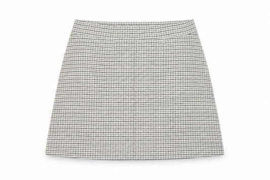 Front view of Next women’s beige check a-line skirt, size UK 14