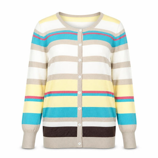 Front view of Oasis women’s multicoloured striped knit cardigan jumper, size XS