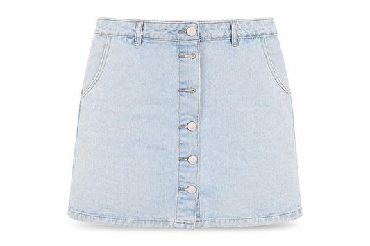 Front view of New Look women’s blue a-line skirt, size UK 10