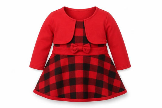 Front view of Preworn girls’ red check a-line, size 12, months