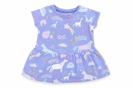 Front view of Next girls’ blue t-shirt dress, size 3-6, months - dinosaurs and unicorns
