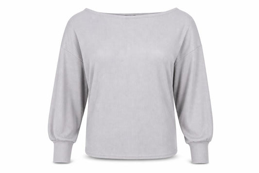 Front view of Boohoo women’s grey pullover sweatshirt, size UK 10