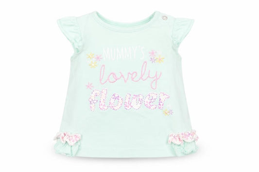 Front view of Nutmeg girls’ blue basic t-shirt, size 3-6, months - mummy's lovely flower