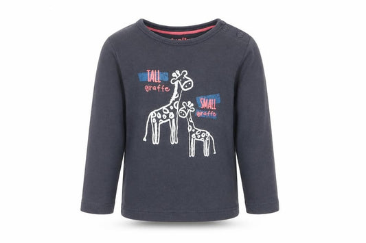 Front view of Lupilu girls’ black basic t-shirt, size 3-6, months - giraffe