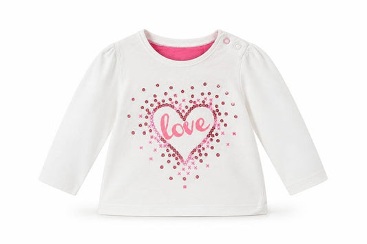 Front view of Mothercare girls’ white basic t-shirt, size 6-9, months - love heart