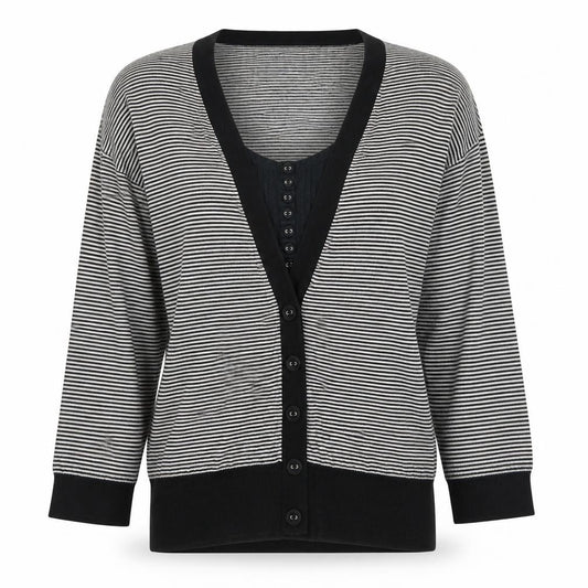 Front view of Next women’s black striped jumper, size UK 12