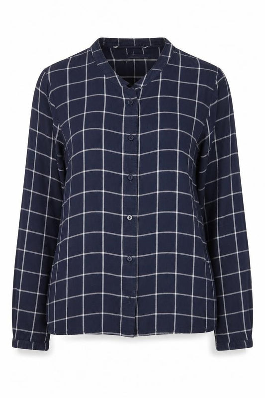 Front view of Marks & Spencer women’s blue check flannel basic button-up, size UK 6