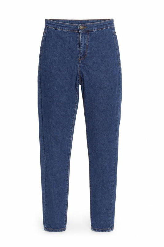 Front view of women’s blue denim skinny jeans, size UK 24, in, 28-inch leg