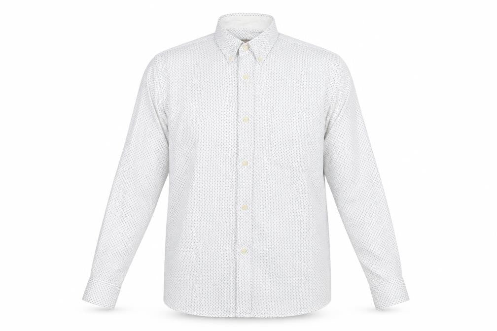 Front view of Next men’s white polka dot button-up, size L