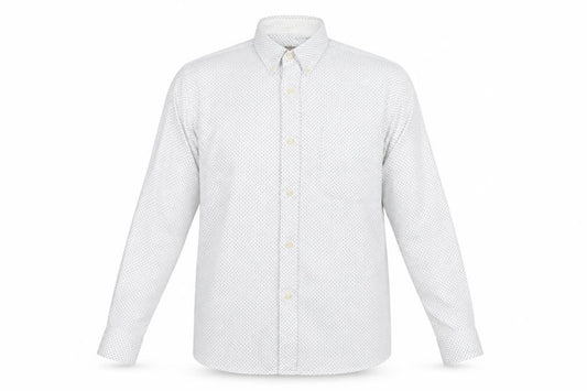 Front view of Next men’s white polka dot button-up, size L