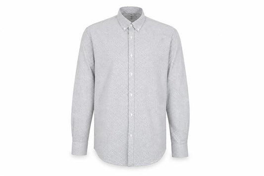 Front view of Taylor & Wright men’s white polka dot button-up, size 15.5