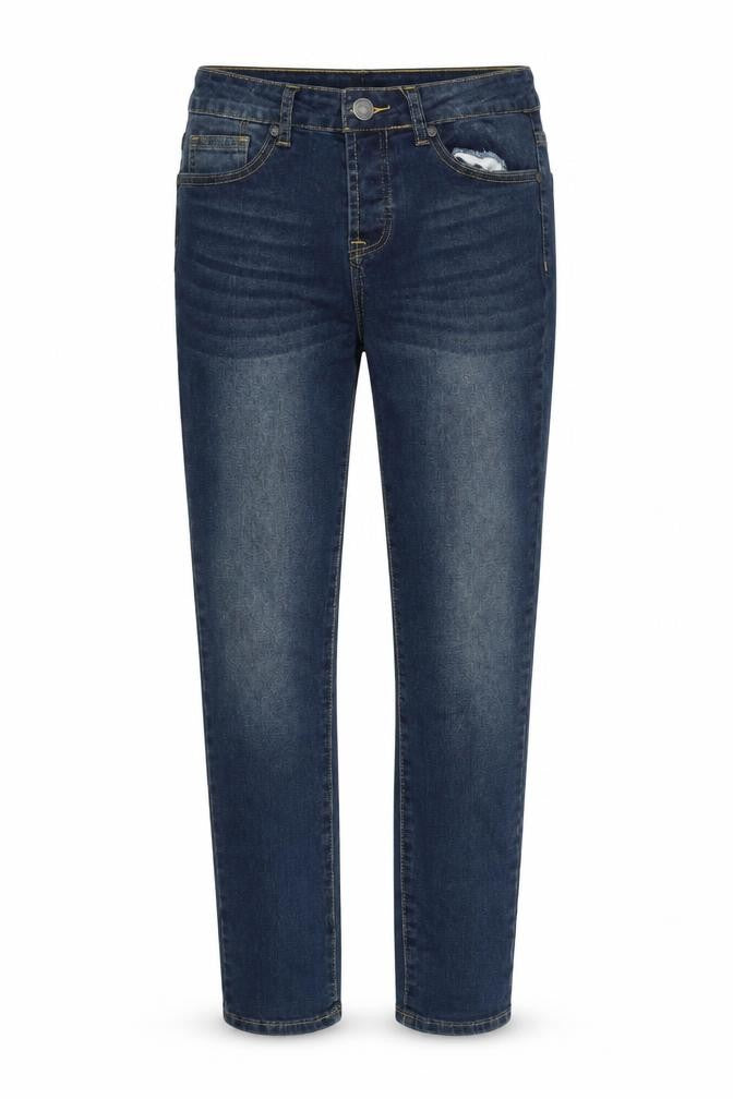Front view of Boohoo women’s blue straight jeans, size UK 30, in, 30-inch leg
